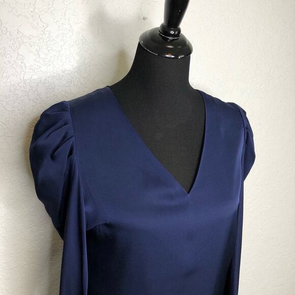 Milly navy blue puff shoulder v neck silk dress size 2 - Picture 2 of 16